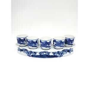 Vintage Blue White Dragon Yin-Yang Porcelain Shot Glass Set With Matching Stand